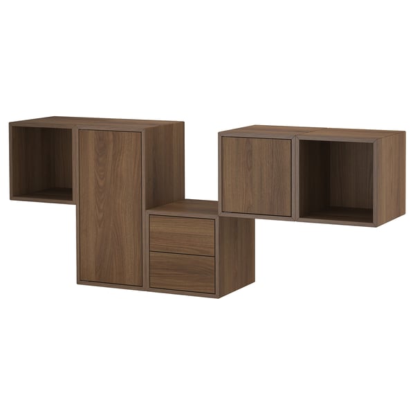 EKET modular brown wood storage cubes in varied shapes for wall-mounted use.