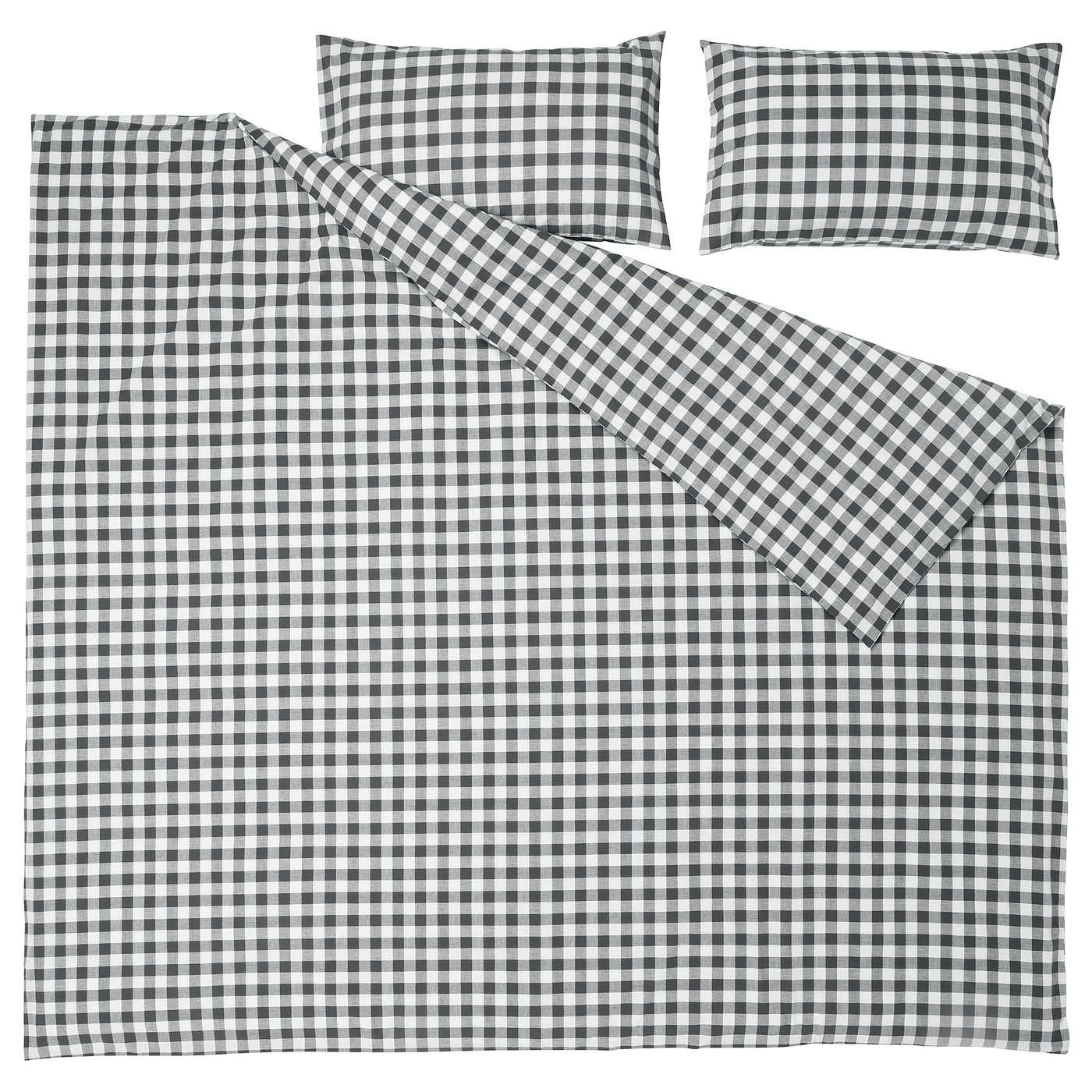A set of black and white gingham bedding, including a duvet cover and pillowcases, made from 100% organic cotton.