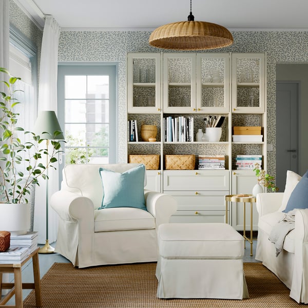 EKTORP Armchair and footstool, Kilanda light beige