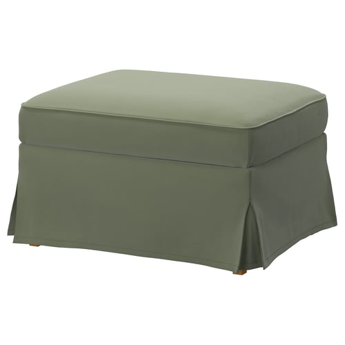 An EKTORP green footstool with a sleek, upholstered design and removable cover.