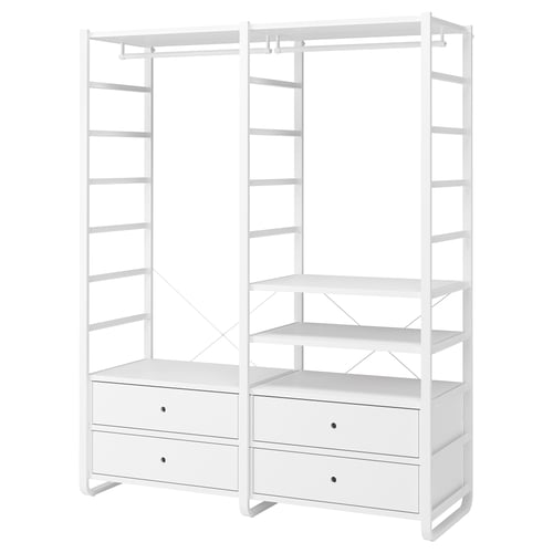 ELVARLI white modular storage system with shelves and drawers, sleek metal and wood design.