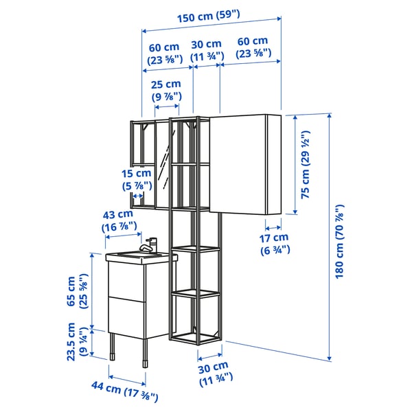 ENHET / TVÄLLEN Bathroom furniture, set of 16, grey frame/anthracite Pilkån tap, 44x43x87 cm