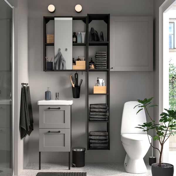 ENHET / TVÄLLEN Bathroom furniture, set of 16, grey frame/anthracite Pilkån tap, 44x43x87 cm