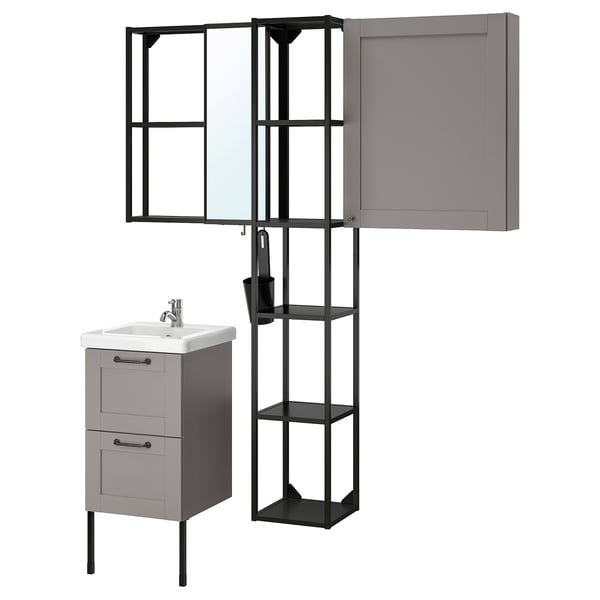 ENHET / TVÄLLEN Bathroom furniture, set of 16, grey frame/anthracite Pilkån tap, 44x43x87 cm