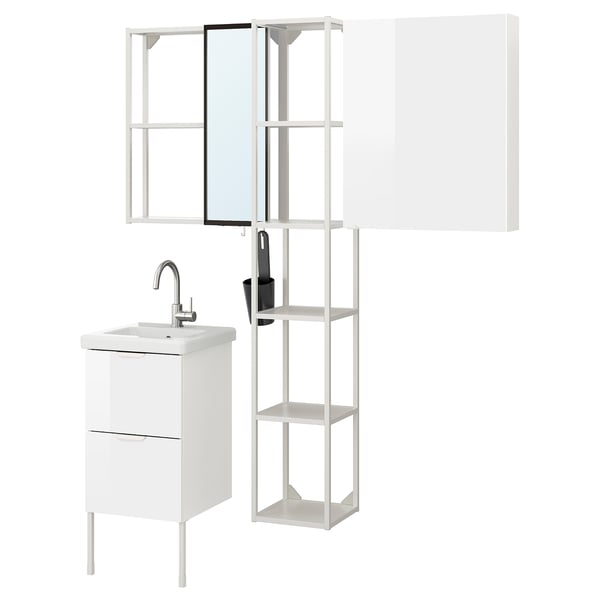ENHET / TVÄLLEN Bathroom furniture, set of 16, high-gloss white/white Glypen tap, 44x43x87 cm