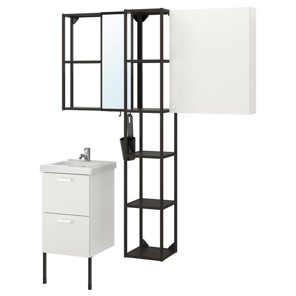 ENHET / TVÄLLEN Bathroom furniture, set of 16, white/anthracite Pilkån tap, 44x43x87 cm