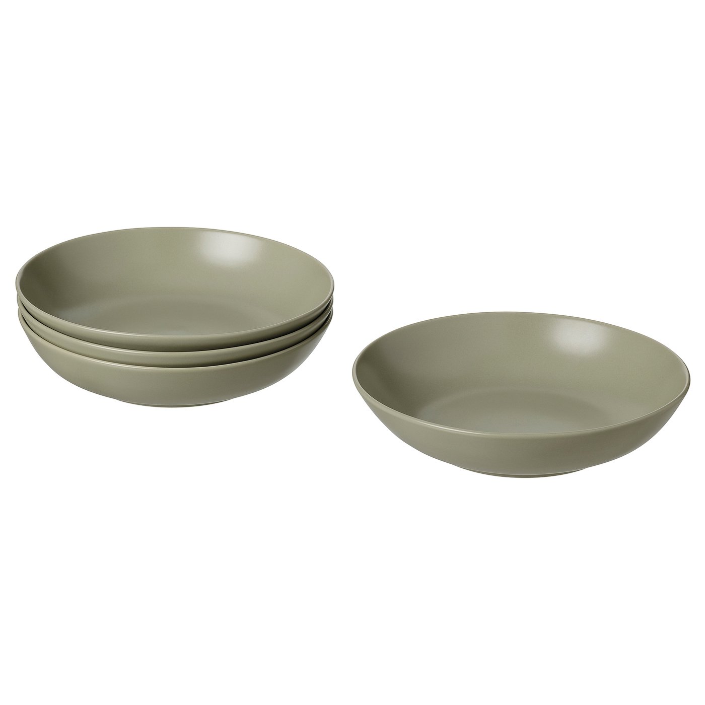 Set of four plain sage green bowls; shallow shape, simple design; stoneware.