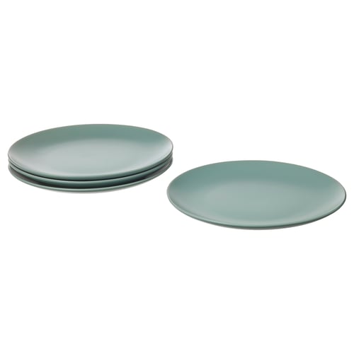 Set of six light green FÄRGKLAR dinnerware plates, round, simple design, stoneware.