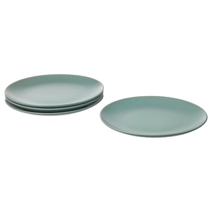 Set of six light green FÄRGKLAR dinnerware plates, round, simple design, stoneware.