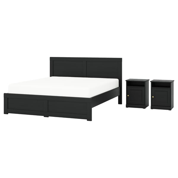Black wooden bed with matching nightstands, sleek modern design.