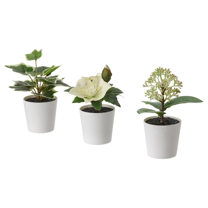 FEJKA Artifi potted plant w pot, set of 3, in/outdoor/green/white, 6 cm