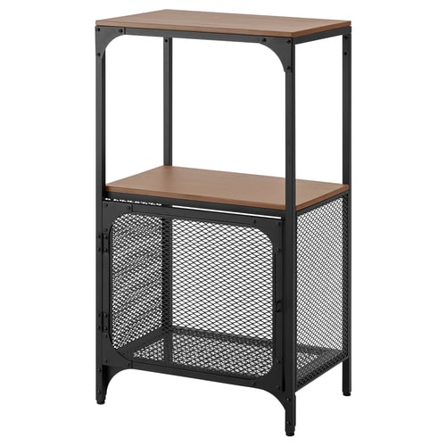 FJÄLLBO rustic metal & wood shelves. Black frame, brown wooden shelves. Adjustable feet.