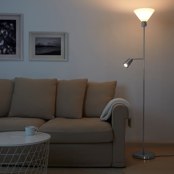 FLUGBO Floor uplighter/reading lamp, nickel-plated