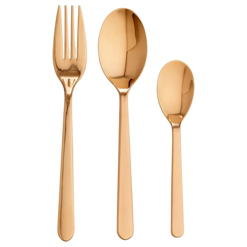 FÖRNUFT cutlery set: gold-colored, stainless steel fork, spoon, and teaspoon. Sleek, modern design.