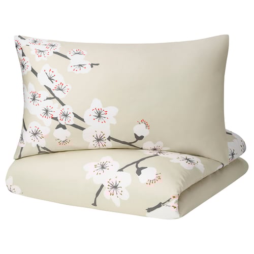FÖSSTA Duvet cover and 2 pillowcases, beige/plum blossom, 200x200/50x80