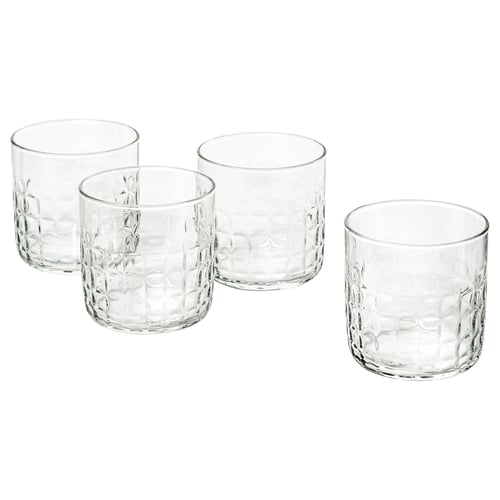 Faceted glass cups, diamond-patterned, for drinks or desserts, casual/formal.