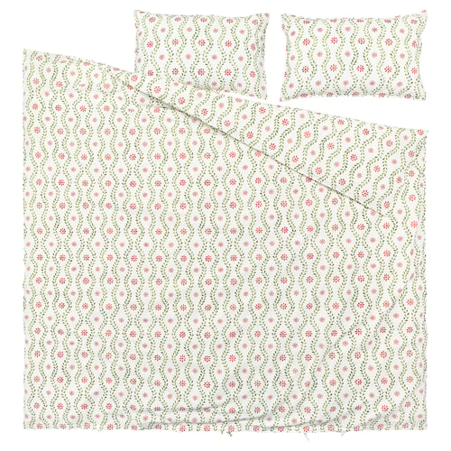 White FYRISVIDE bedding set with green-red floral patterns, 100% cotton.
