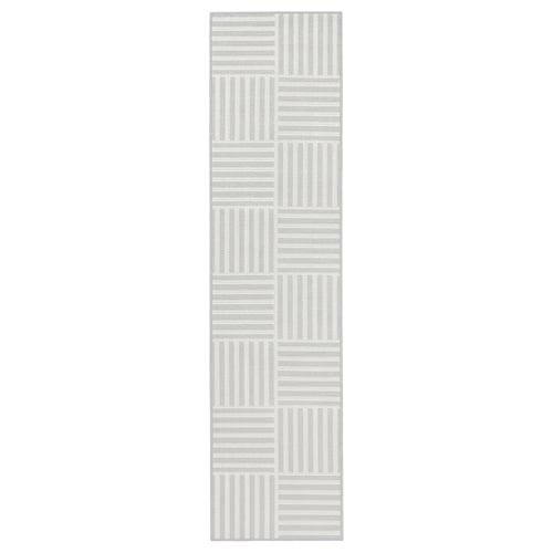 Grey and white striped GATUSEKTION kitchen mat with chequered design.
