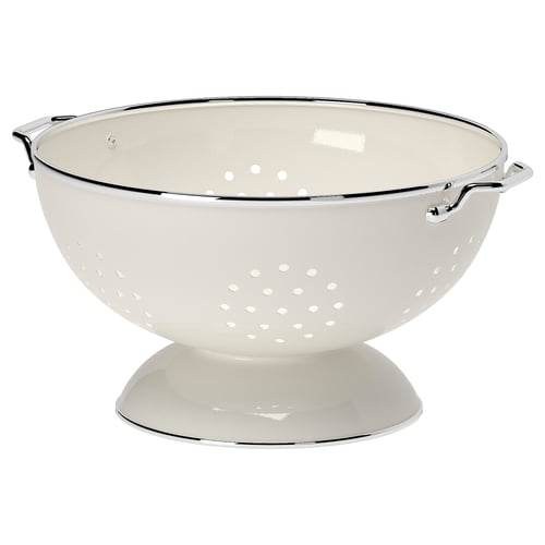 GEMAK white enamel colander, chrome handles, round shape.