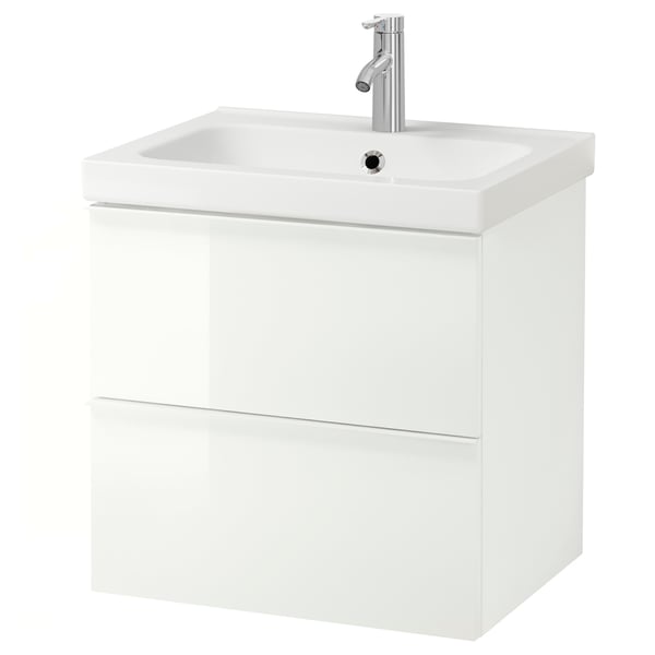 GODMORGON / ODENSVIK Wash-stand with 2 drawers, high-gloss white/Dalskär tap, 63x49x64 cm