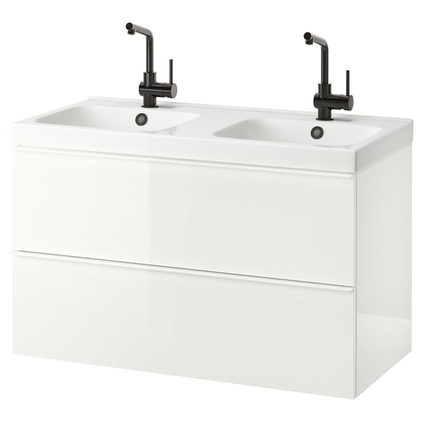 GODMORGON / ODENSVIK Wash-stand with 2 drawers, high-gloss white/LUNDSKÄR tap, 103x49x64 cm
