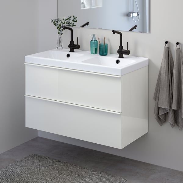 GODMORGON / ODENSVIK Wash-stand with 2 drawers, high-gloss white/LUNDSKÄR tap, 103x49x64 cm