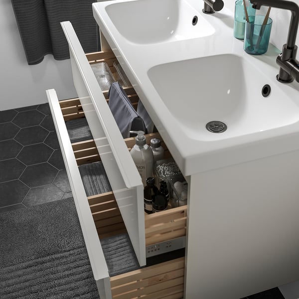 GODMORGON / ODENSVIK Wash-stand with 2 drawers, high-gloss white/LUNDSKÄR tap, 103x49x64 cm