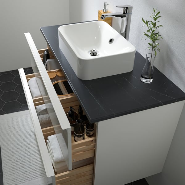 GODMORGON/TOLKEN / HÖRVIK Wsh-stnd w countrtop 45x32 wsh-bsn, high-gloss white/black marble effect Brogrund tap, 102x49x72 cm