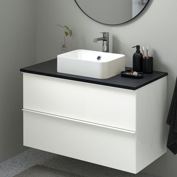 GODMORGON/TOLKEN / HÖRVIK Wsh-stnd w countrtop 45x32 wsh-bsn, high-gloss white/black marble effect Brogrund tap, 102x49x72 cm