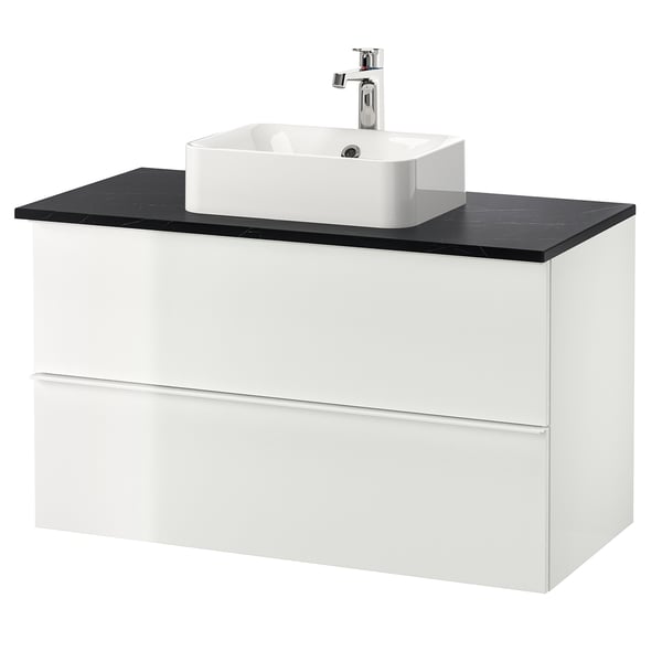 GODMORGON/TOLKEN / HÖRVIK Wsh-stnd w countrtop 45x32 wsh-bsn, high-gloss white/black marble effect Brogrund tap, 102x49x72 cm