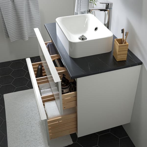 GODMORGON/TOLKEN / HÖRVIK Wsh-stnd w countrtop 45x32 wsh-bsn, high-gloss white/black marble effect Brogrund tap, 82x49x72 cm