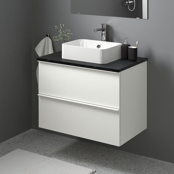 GODMORGON/TOLKEN / HÖRVIK Wsh-stnd w countrtop 45x32 wsh-bsn, high-gloss white/black marble effect Brogrund tap, 82x49x72 cm