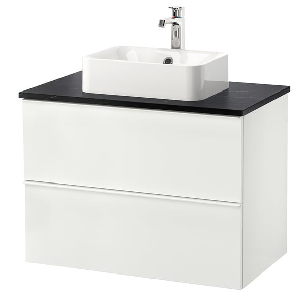 GODMORGON/TOLKEN / HÖRVIK Wsh-stnd w countrtop 45x32 wsh-bsn, high-gloss white/black marble effect Brogrund tap, 82x49x72 cm