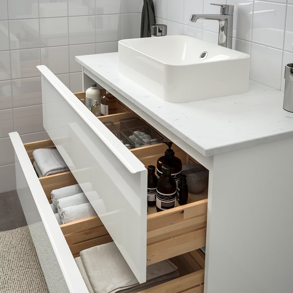 GODMORGON/TOLKEN / HÖRVIK Wsh-stnd w countrtop 45x32 wsh-bsn, high-gloss white/marble Brogrund tap, 102x49x72 cm