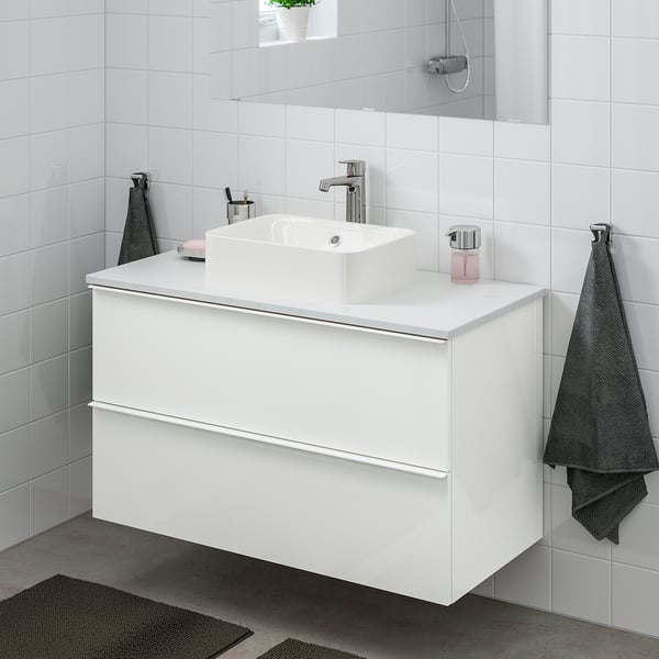 GODMORGON/TOLKEN / HÖRVIK Wsh-stnd w countrtop 45x32 wsh-bsn, high-gloss white/marble Brogrund tap, 102x49x72 cm