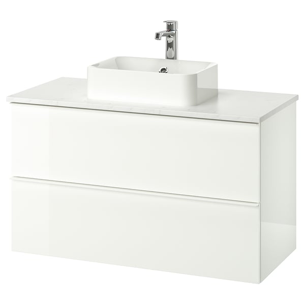 GODMORGON/TOLKEN / HÖRVIK Wsh-stnd w countrtop 45x32 wsh-bsn, high-gloss white/marble Brogrund tap, 102x49x72 cm