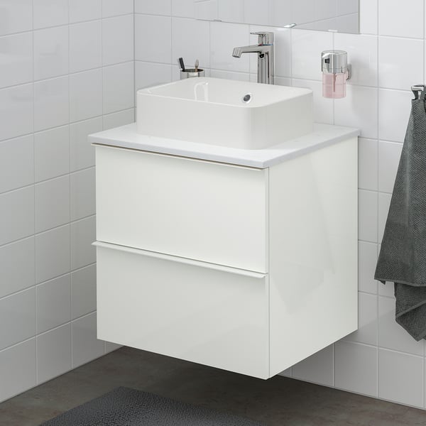 GODMORGON/TOLKEN / HÖRVIK Wsh-stnd w countrtop 45x32 wsh-bsn, high-gloss white/marble effect Brogrund tap, 62x49x72 cm