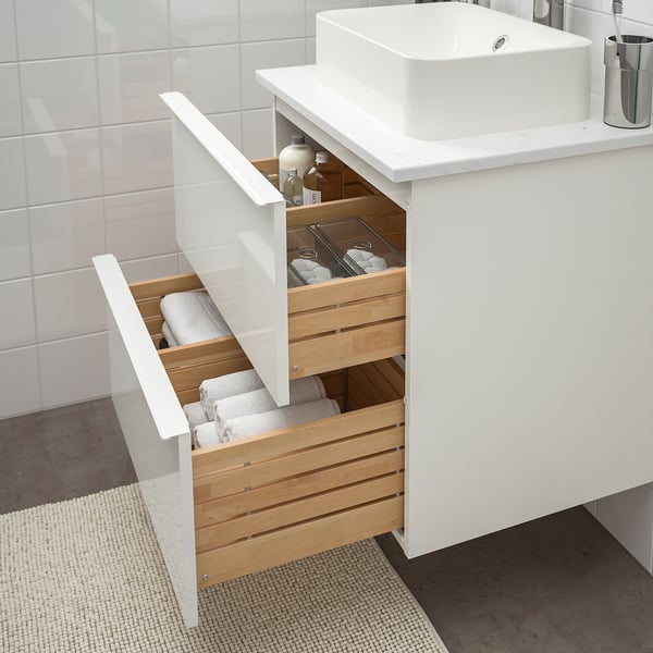 GODMORGON/TOLKEN / HÖRVIK Wsh-stnd w countrtop 45x32 wsh-bsn, high-gloss white/marble effect Brogrund tap, 62x49x72 cm