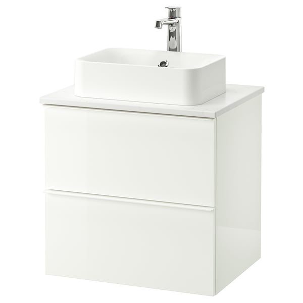 GODMORGON/TOLKEN / HÖRVIK Wsh-stnd w countrtop 45x32 wsh-bsn, high-gloss white/marble effect Brogrund tap, 62x49x72 cm