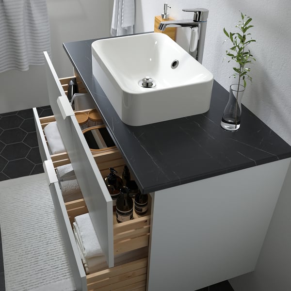 GODMORGON/TOLKEN / HÖRVIK Wsh-stnd w countrtop 45x32 wsh-bsn, white/black marble effect Brogrund tap, 102x49x72 cm