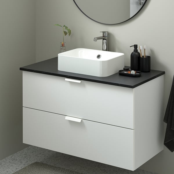 GODMORGON/TOLKEN / HÖRVIK Wsh-stnd w countrtop 45x32 wsh-bsn, white/black marble effect Brogrund tap, 102x49x72 cm