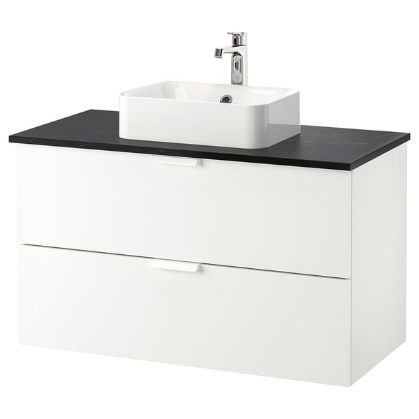 GODMORGON/TOLKEN / HÖRVIK Wsh-stnd w countrtop 45x32 wsh-bsn, white/black marble effect Brogrund tap, 102x49x72 cm