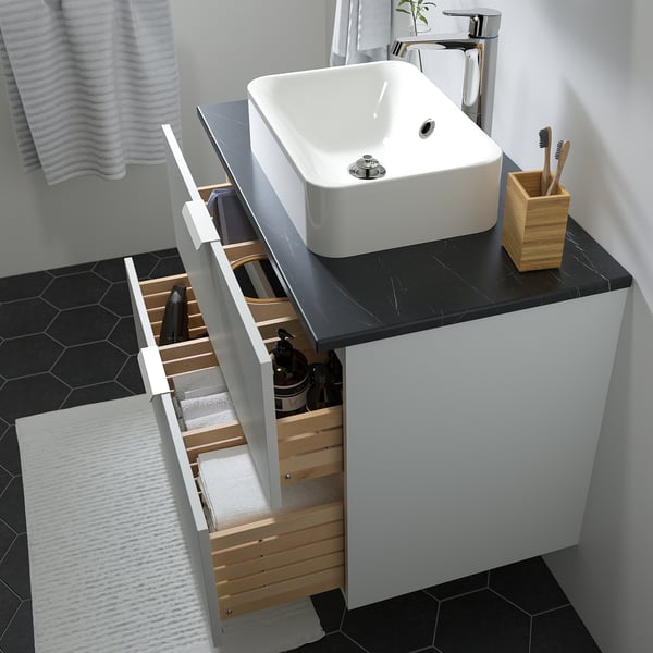 GODMORGON/TOLKEN / HÖRVIK Wsh-stnd w countrtop 45x32 wsh-bsn, white/black marble effect Brogrund tap, 82x49x72 cm