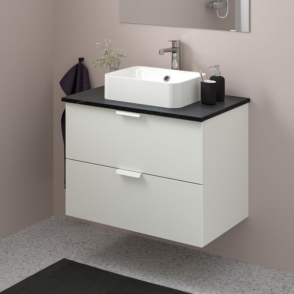 GODMORGON/TOLKEN / HÖRVIK Wsh-stnd w countrtop 45x32 wsh-bsn, white/black marble effect Brogrund tap, 82x49x72 cm