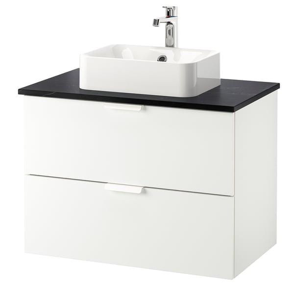 GODMORGON/TOLKEN / HÖRVIK Wsh-stnd w countrtop 45x32 wsh-bsn, white/black marble effect Brogrund tap, 82x49x72 cm