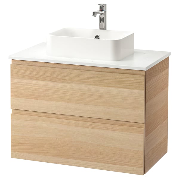 GODMORGON/TOLKEN / HÖRVIK Wsh-stnd w countrtop 45x32 wsh-bsn, white stained oak effect/marble effect Brogrund tap, 82x49x72 cm