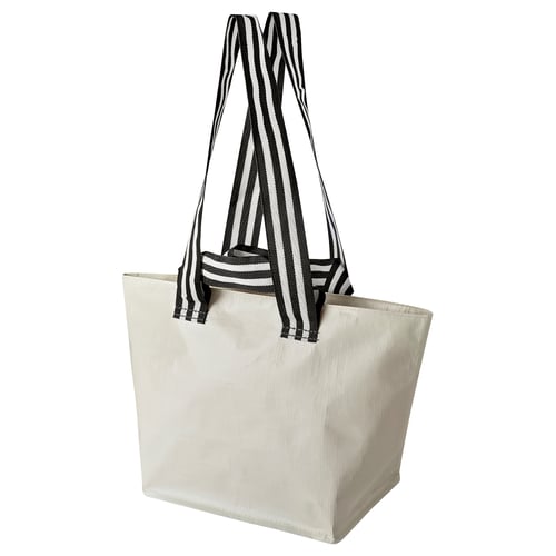 A beige GÖRSNYGG shopping bag with black and white striped handles. The bag is rectangular with sturdy handles for carrying.