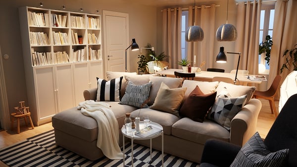 GRÖNLID 3-seat sofa with chaise longue, Sporda natural