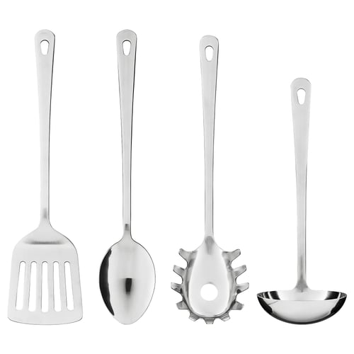 Four stainless steel kitchen utensils: spatula, spoon, strainer, ladle. Silver, long handles, basic design.