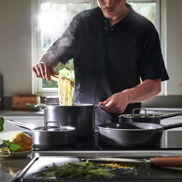 GULDÖRING 8-piece cookware set, non-stick coating stainless steel/black-grey